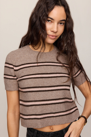 Z Supply Gatewood Stripe Sweater in Heather Ash featuring a lightweight striped knit and short sleeves.