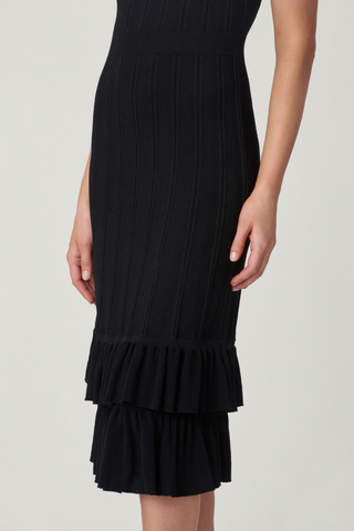 Shoshanna Savannah Dress in Jet featuring a black pointelle knit, short puff sleeves, fit-and-flare silhouette, and tiered ruffle midi hem.