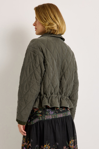 Marie Oliver Haisley Jacket in Army featuring olive green quilted fabric, funnel neckline, front pockets, and adjustable waist.