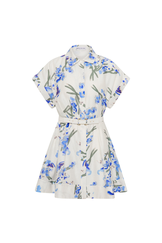 Rebecca Vallance Bluebell Meadow Mini Dress in blue floral print with belted waist, stand collar, and flared mini skirt