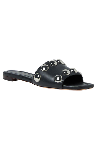 Loeffler Randall Hayes Studded Slide Sandal in black leather featuring oversized glossy dome studs and a square-toe slip-on silhouette