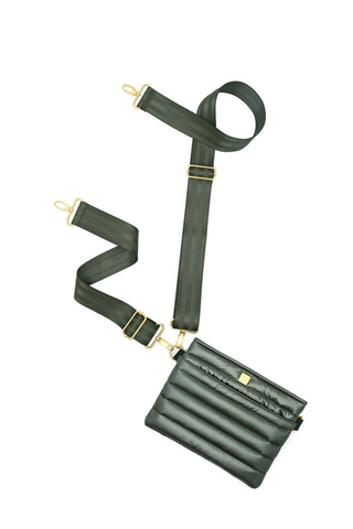 Think Royln Bum Bag 2.0 in pearl olive green with quilted detailing and adjustable black strap.