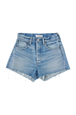 Light wash Moussy denim shorts with mid rise fit and frayed hem detail