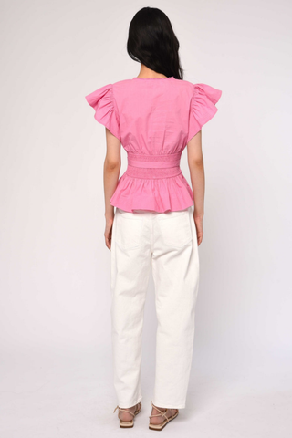Love the Label Madelyn Top Rosebloom pink cotton poplin blouse with lace detail, flutter sleeves, and tie waist