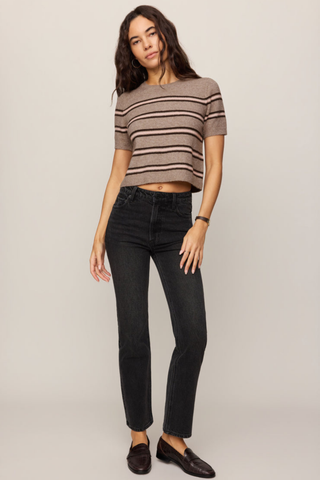 Z Supply Gatewood Stripe Sweater in Heather Ash featuring a lightweight striped knit and short sleeves.