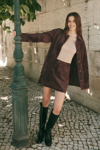 Z Supply Perri Suede Mini Skirt in Dark Chocolate featuring soft faux suede fabric, a classic mini silhouette, and zip fly with button closure.