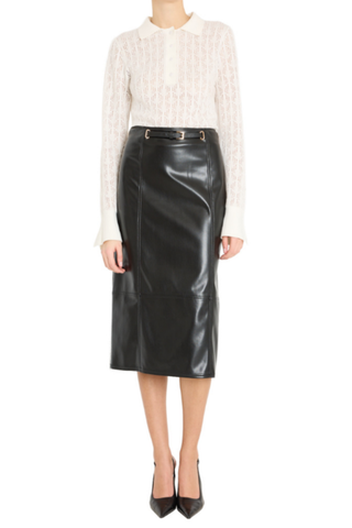 Milly Nico Vegan Midi Skirt in Black featuring a sleek straight silhouette, midi length, and polished vegan leather finish.