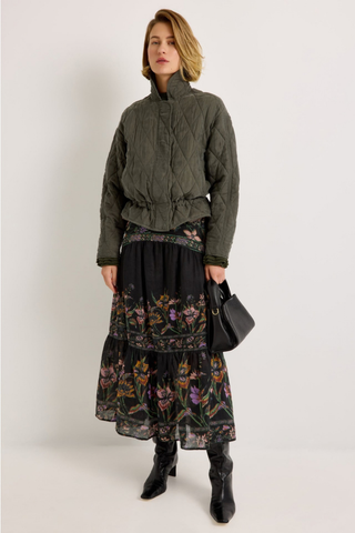 Marie Oliver Haisley Jacket in Army featuring olive green quilted fabric, funnel neckline, front pockets, and adjustable waist.