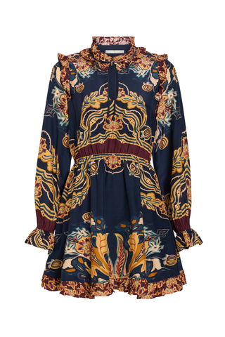 Thalia Dress in Lasso featuring a navy Western-inspired print, long sleeves, ruffle detailing, and a handkerchief mini hem.