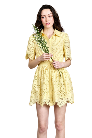 Love the Label Cas Mini Dress Sunlight yellow eyelet mini dress with short sleeves and tie waist