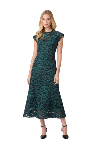 Shoshanna Raven Midi Dress in Spruce and Jet featuring corded lace, a scalloped neckline, cap sleeves, sheer yoke, and flared midi skirt.