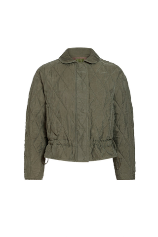 Marie Oliver Haisley Jacket in Army featuring olive green quilted fabric, funnel neckline, front pockets, and adjustable waist.