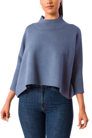 Kerisma Aja Sweater in Stormy Blue featuring a relaxed silhouette, high neckline, wide sleeves, and softly cropped hem.