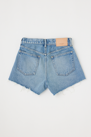 Light wash Moussy denim shorts with mid rise fit and frayed hem detail
