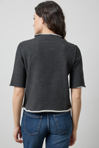 Lilla P Roll Neck Short Sleeve Sweatshirt in Graphite Heather featuring soft gray cotton terry, rolled neckline, and contrast trim.