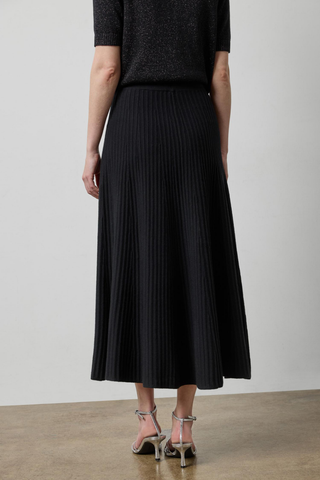 Lilla P Knit Flared Skirt in Black featuring a soft cotton-cashmere knit, comfortable waistband, and elegant flared silhouette.