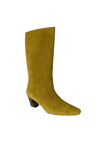 Loeffler Randall Cleo Calf Boot in Moss, a moss green suede mid-calf boot with a softly pointed toe and low heel.