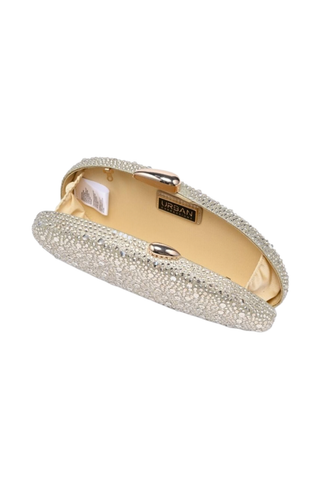 Urban Expressions Rome Evening Bag in Gold featuring a rhinestone-covered oval silhouette, polished kiss-lock clasp, and removable chain strap.