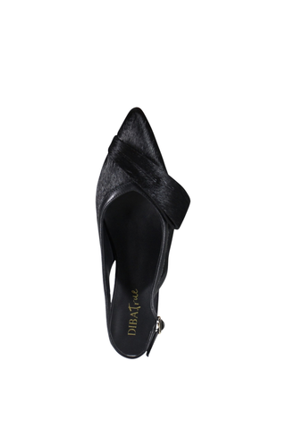 Diba True Settle Down Pump in black leather featuring a pointed toe, slingback strap, buckle closure, and low kitten heel.