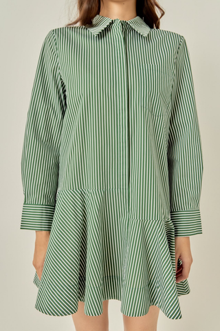 English Factory Striped Button Down Shirt in Brown featuring a classic collar, front buttons, relaxed silhouette, and voluminous balloon sleeves.
