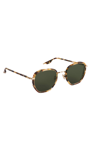 Krewe Peyton Sunglasses in Tuscan Tortoise featuring a tortoise acetate frame, gold-tone hardware, and dark green lenses.
