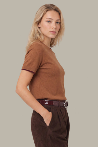 525 America Augusta Sweater Tee in Carob brown featuring short sleeves, a crew neckline, and subtle contrast trim.
