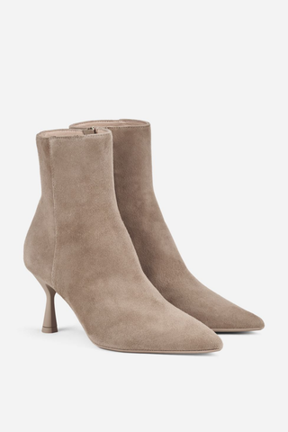 AGL Ide Bootie in Ghibli-Basic neutral taupe suede with a tapered toe, slim heel, and side zip closure.