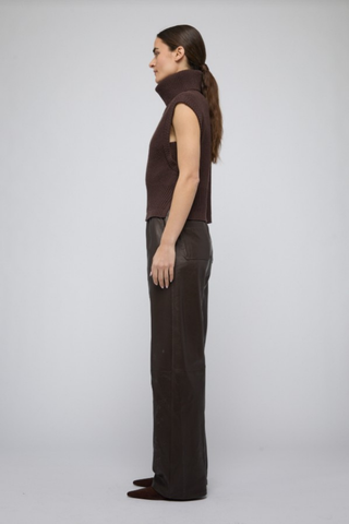 Chocolate brown sleeveless ribbed turtleneck knit top.