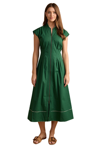 Green midi dress with cap sleeves, front zip, and fitted bodice