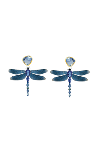Mignonne Gavigan Lumina Earrings in Blues featuring a dragonfly-inspired silhouette with layered blue wings and delicate drop details.