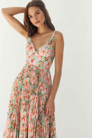 Kylan Dress azalea floral pleated maxi dress with v neckline from Hutch