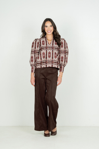 Emily McCarthy Hampton Top in Duomo featuring a geometric brown jacquard print, mandarin collar, and voluminous sleeves.