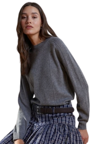 Autumn Cashmere Seamed Crew Sweater in Cement featuring a soft grey knit, crew neckline, long sleeves, and relaxed silhouette.
