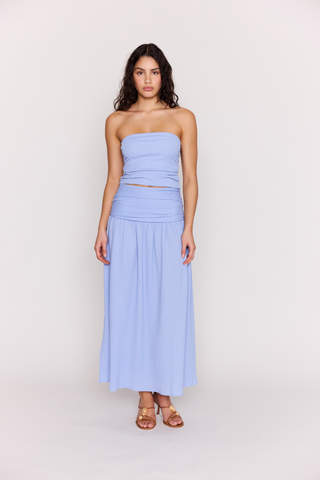 Light blue strapless cropped top with ruched texture