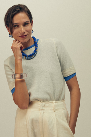 Lizzie Fortunato Laguna Necklace in Sky Blue featuring recycled glass beads and gold-plated hardware.