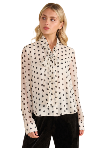 Thomas & Lourdes Eugenie Top in Parisian Dot featuring a cream base with black dot print, collared neckline, and long sleeves.