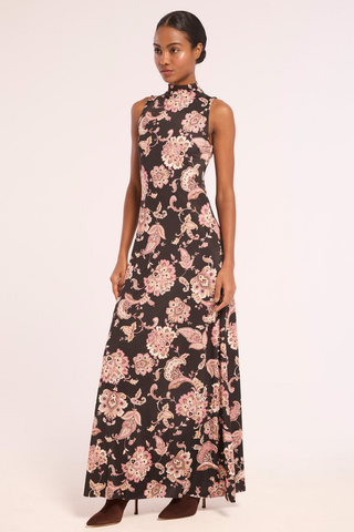 Misa Lila Dress in Autumn Chintz Jersey featuring a black floral print, sleeveless high neckline, and fitted maxi silhouette.