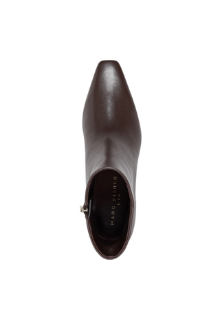 Marc Fisher LTD Danai Bootie in dark brown leather featuring a square toe, low kitten heel, and sleek ankle silhouette.
