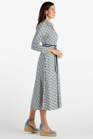 Jude Connally Kitty Dress in Birdseye Geo Combo featuring a navy and white geometric print, point collar, long sleeves, and removable belt.