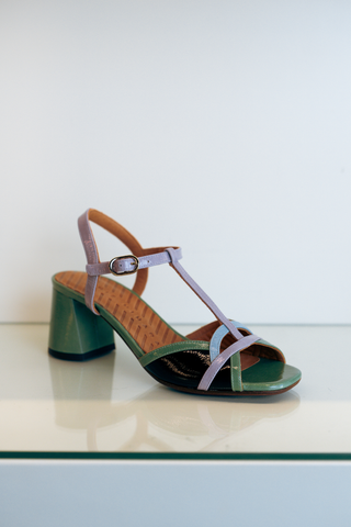 Chie Mihara Ryejo sandal in lavender and jade with multicolor straps and block heel