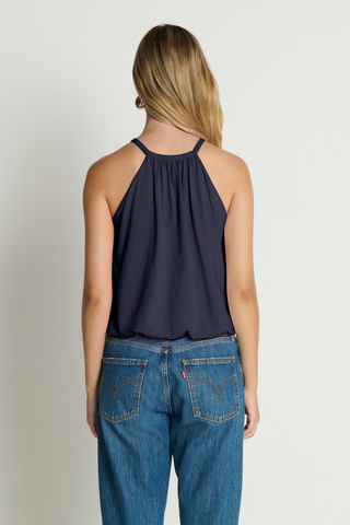 Model wearing the Nation LTD Bell Bubble Top in Night Sky featuring a gathered halter-inspired neckline, bubble hem, and relaxed Pima cotton silhouette.