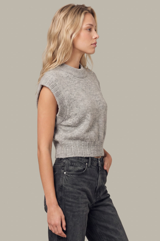 525 America Greer Dolman Sweater in Grey Melange featuring a marled knit, mock neckline, extended shoulders, and cropped silhouette.