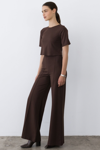 Ripley Rader Short Sleeve Top in Chocolate featuring a structured brown ponte knit, square-cut silhouette, and extended short sleeves.
