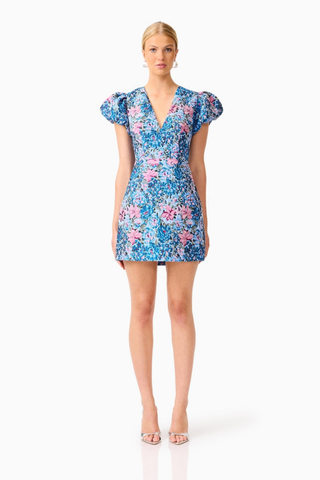 Elliatt Antheris Mini Dress in Blue Multi featuring a vibrant blue and pink floral print, romantic puff sleeves, fitted waist, and flattering mini silhouette.