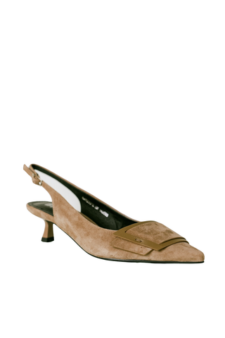 Bibi Lou Astra Slingback Pump in Taupe featuring a pointed toe, low kitten heel, and slingback strap.