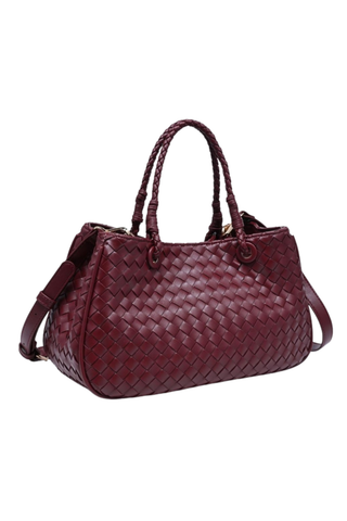 Urban Expressions Karym Satchel in Wine featuring deep burgundy woven vegan leather, braided top handles, a structured silhouette, and an adjustable detachable shoulder strap.