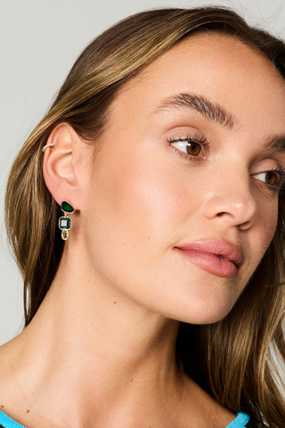Mignonne Gavigan Pilar Earrings in Blues featuring faceted blue and green glass gemstones in a geometric gold-plated drop silhouette.