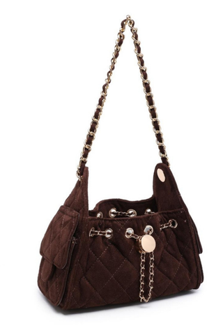 Urban Expressions Royalty Shoulder Bag in Espresso featuring quilted faux suede, gold-tone hardware, woven shoulder strap, and drawstring closure.