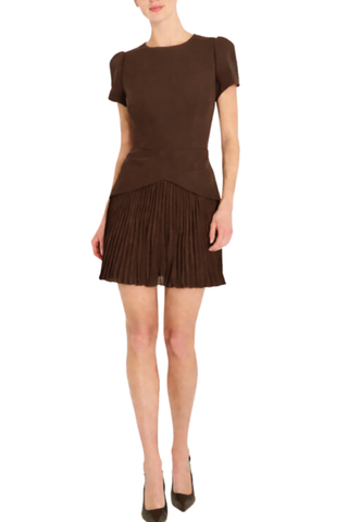 Milly Haddy Mini Dress in rich brown featuring short sleeves, a fitted silhouette, round neckline, and flounced mini hem.