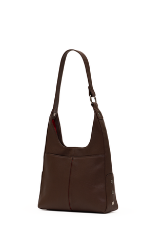 Hammitt Tim Med Handbag in Belted Espresso featuring dark brown pebbled leather, a soft hobo silhouette, belt detail, and gunmetal hardware.